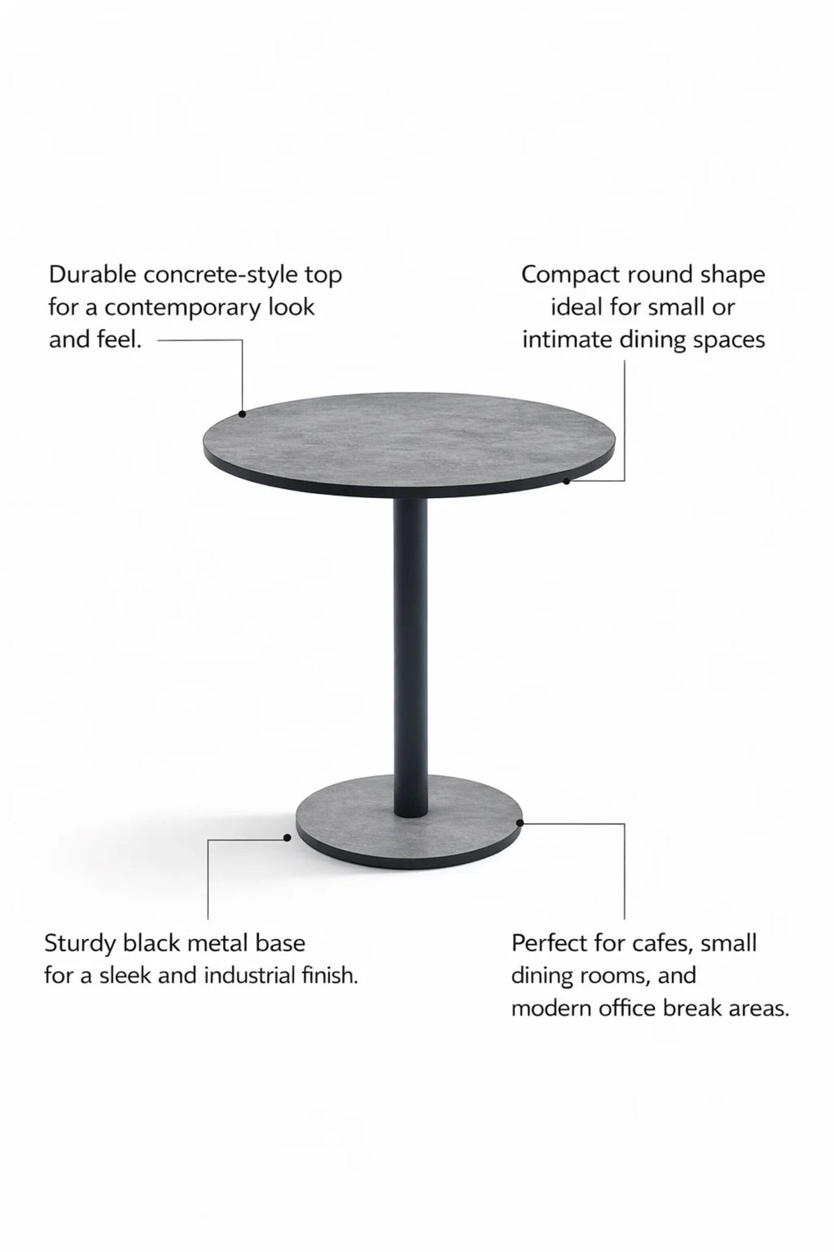 Modern Grey Round Dining Table 70cm Melamine Top Black Metal Leg Compact Bistro Cafe Design