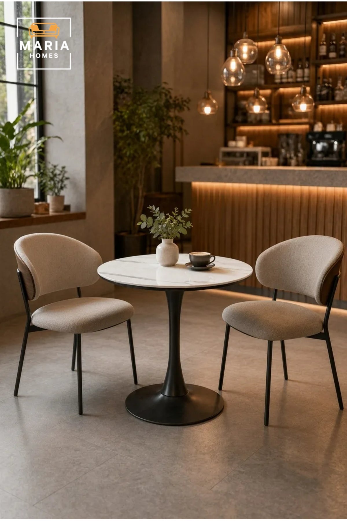 Modern Round Dining Table with Marble-Look Top and Black Pedestal Base √ê Contemporary Bistro Table