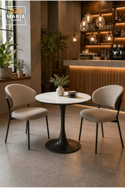 Modern Round Dining Table with Marble-Look Top and Black Pedestal Base √ê Contemporary Bistro Table
