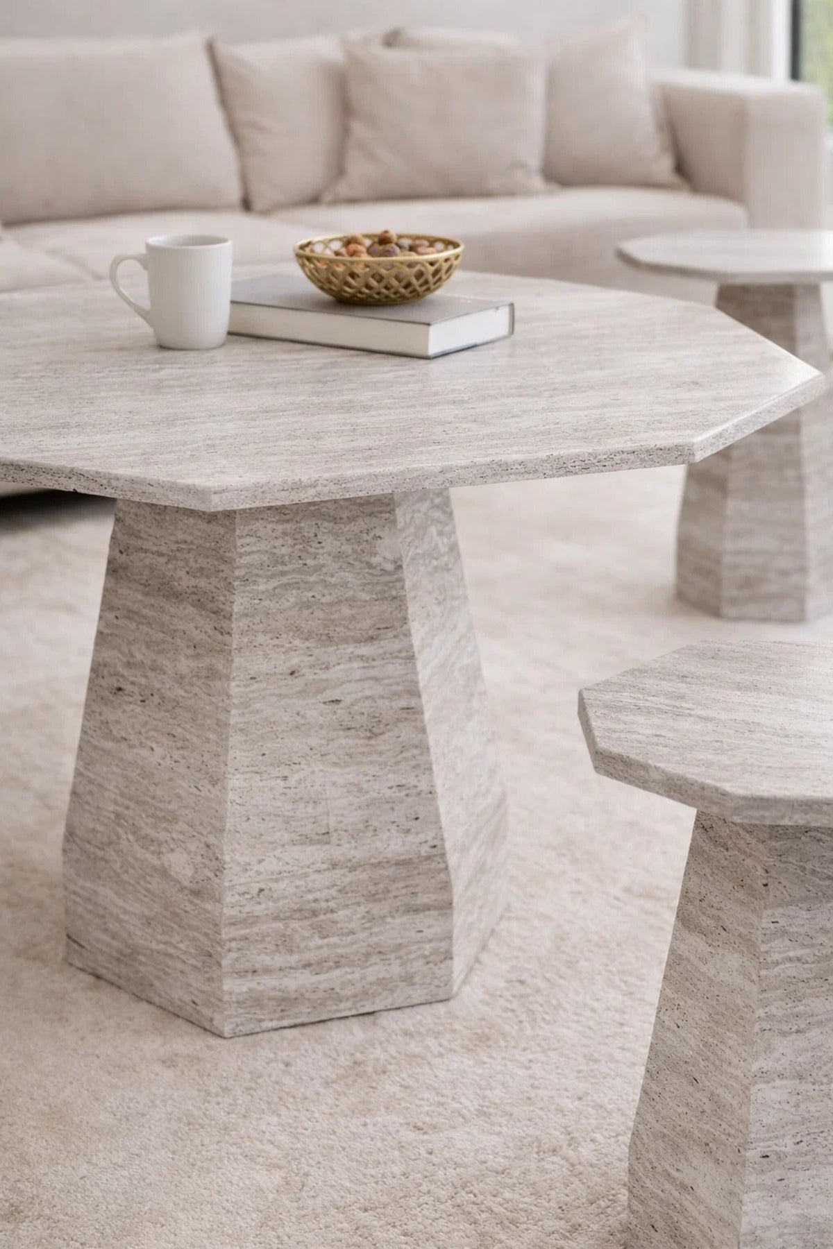 Light Wood Marble Tea Table Set 1+4 Center 85_85_45 CM with 4 Side Tables 45_45_55