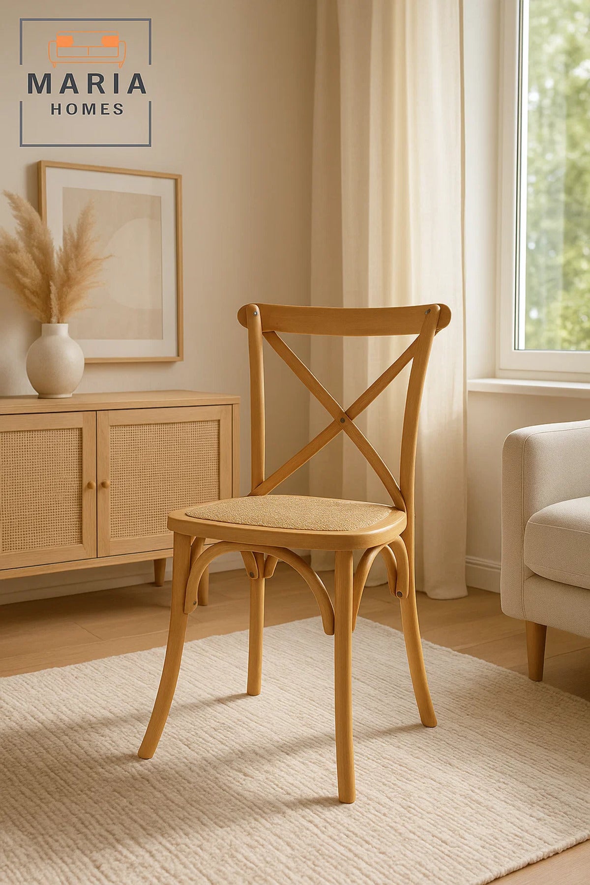 Wooden Cross Back Dining Chair with Woven Rattan Seat Ð Rustic Farmhouse Style for Home & CafŽ