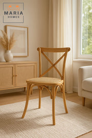 Wooden Cross Back Dining Chair with Woven Rattan Seat Ð Rustic Farmhouse Style for Home & CafŽ