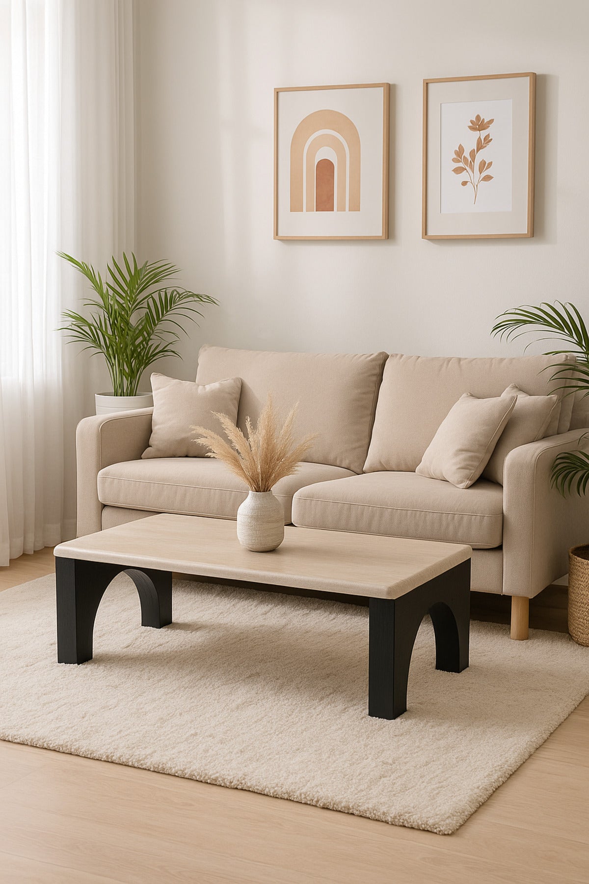 Modern Wooden Coffee Table with Black Arched Legs Elegant Center Table for Living Room 130_70_45 cm