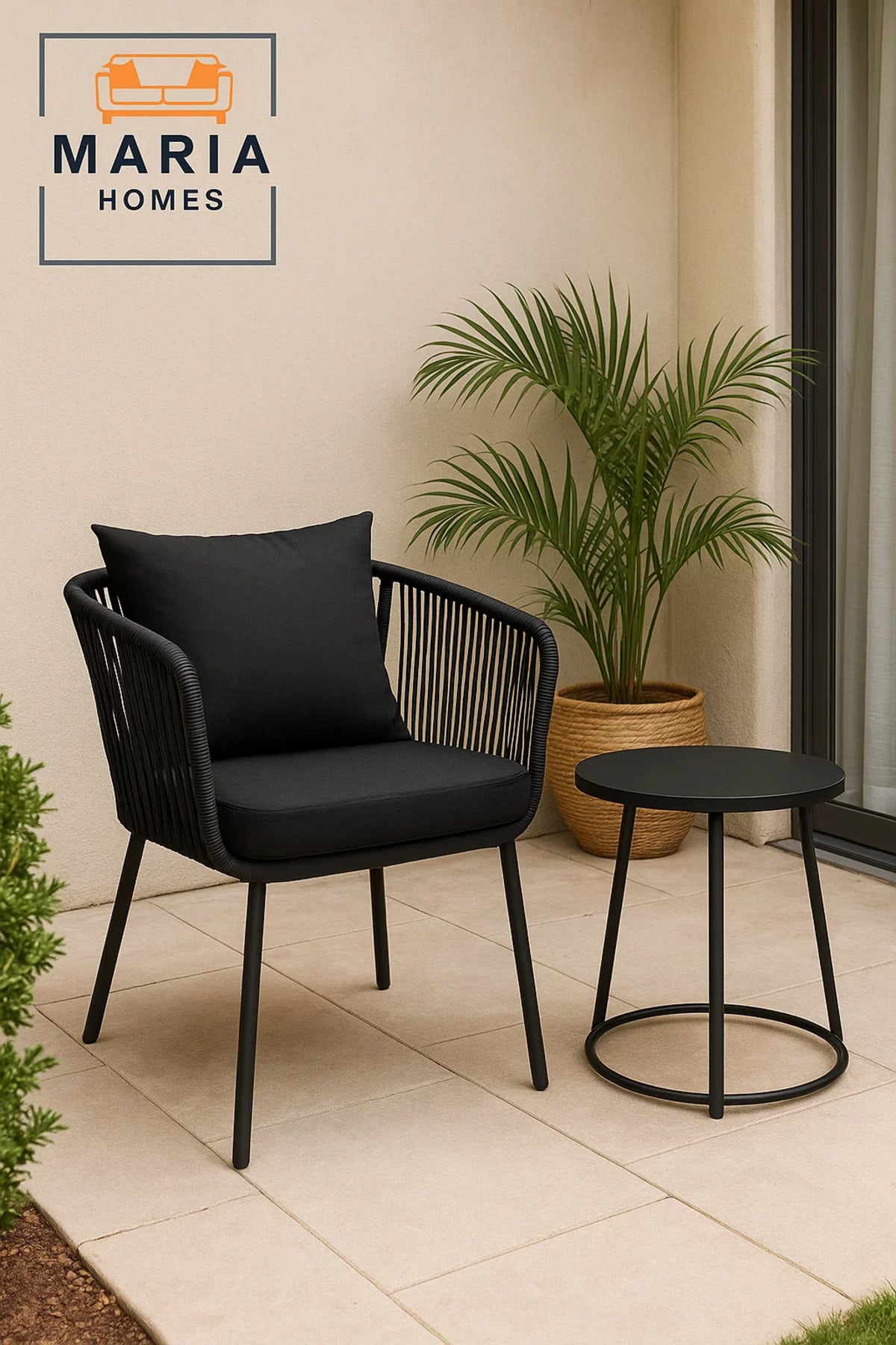 Black Outdoor Rope Chair with Cushions Ð Modern Patio or Balcony Seating