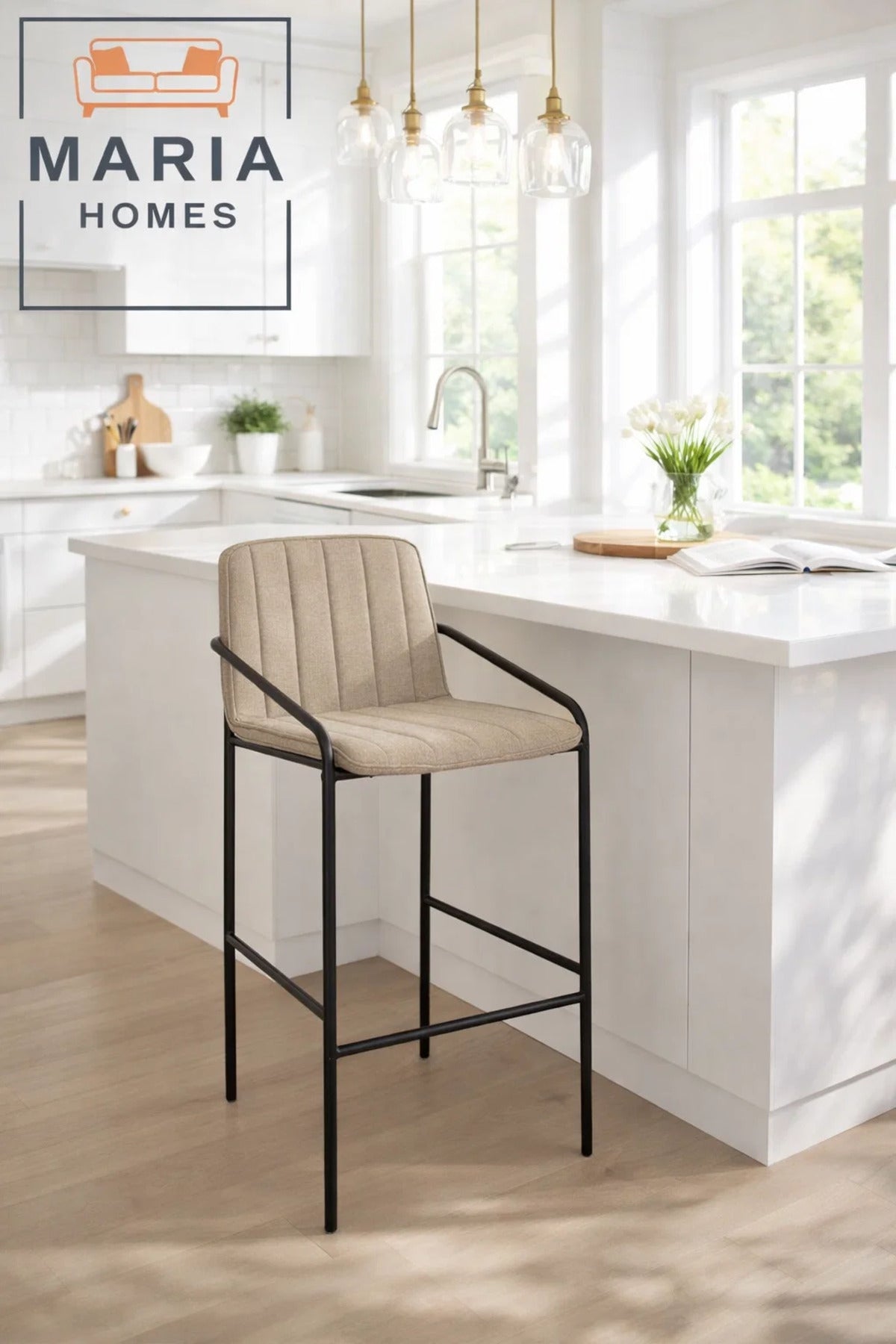 Khaki Upholstered Bar Stool with Black Metal Frame Ð Modern Counter Chair with Armrests