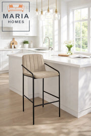 Khaki Upholstered Bar Stool with Black Metal Frame Ð Modern Counter Chair with Armrests