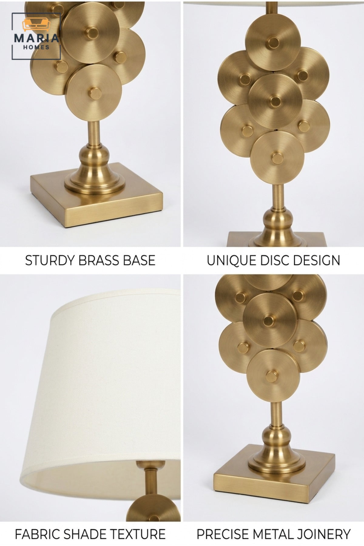 Luxury Decorative Disc Table Lamp with White Fabric Shade, Antique Gold Tone Sculptural Base for Bedroom, Living Room, Office, Hotel and Bedside Décor