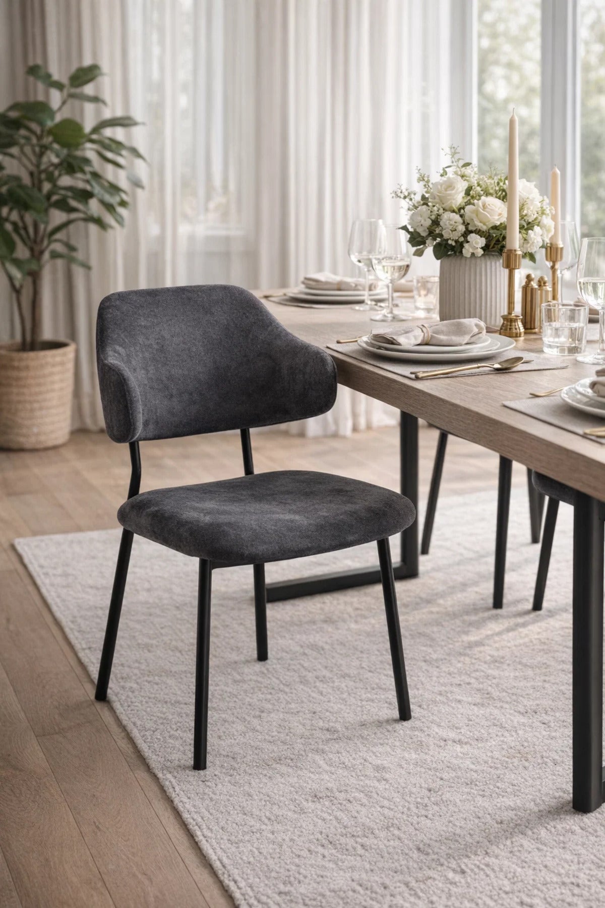 Dark Grey Upholstered Dining Chair with Metal Legs 82cm Height Modern dark grey