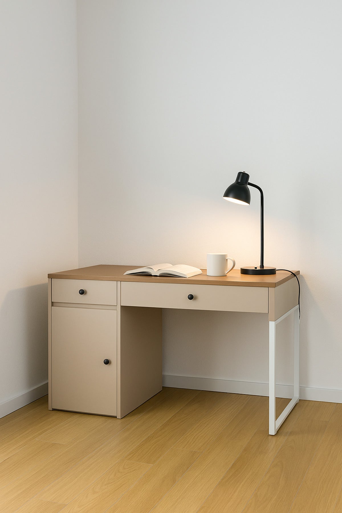 White & Wood Office Desk 120_60x75 cm Ð Modern Work Table with Drawer, Cabinet & White Legs