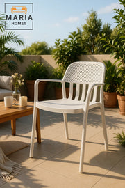 White Plastic Armchair with Slatted Back Ð Modern Stackable Outdoor & Indoor Chair with Armrests