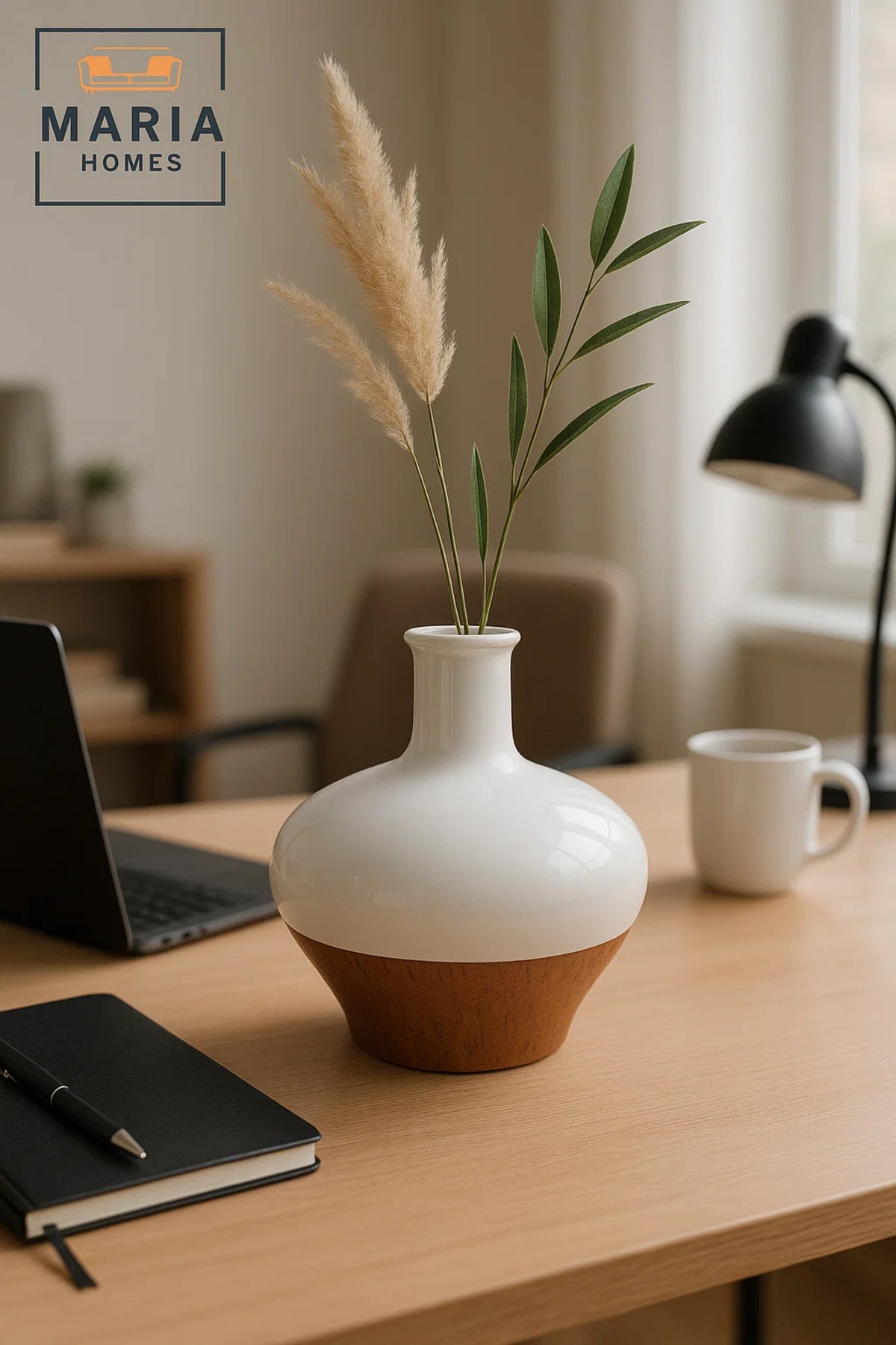 White and Cork Finish Ceramic Vase – Wide Round Decorative Flower Pot