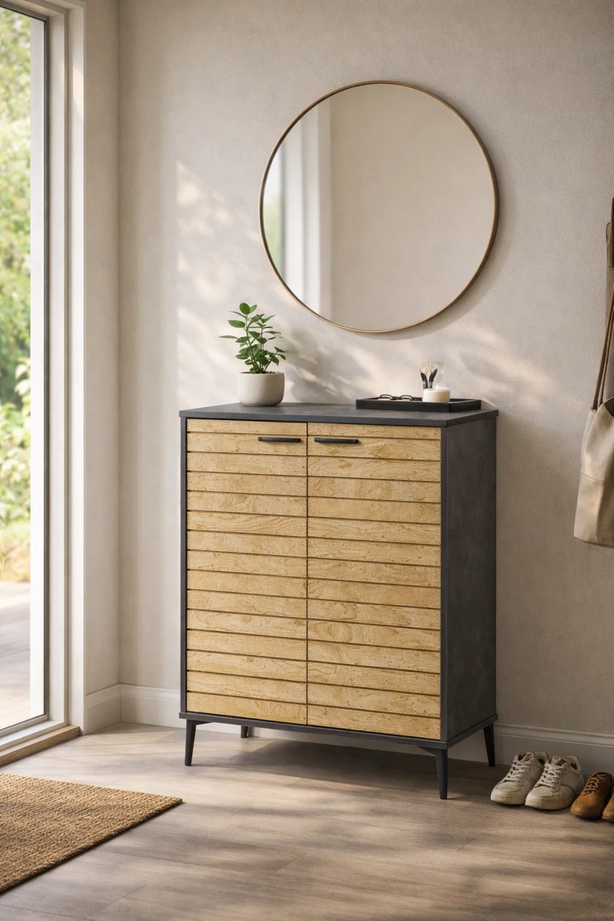 Stylish Shoe Cabinet Textured Wood Front Dark Grey Frame Entryway Storage Organizer Unit 95cm