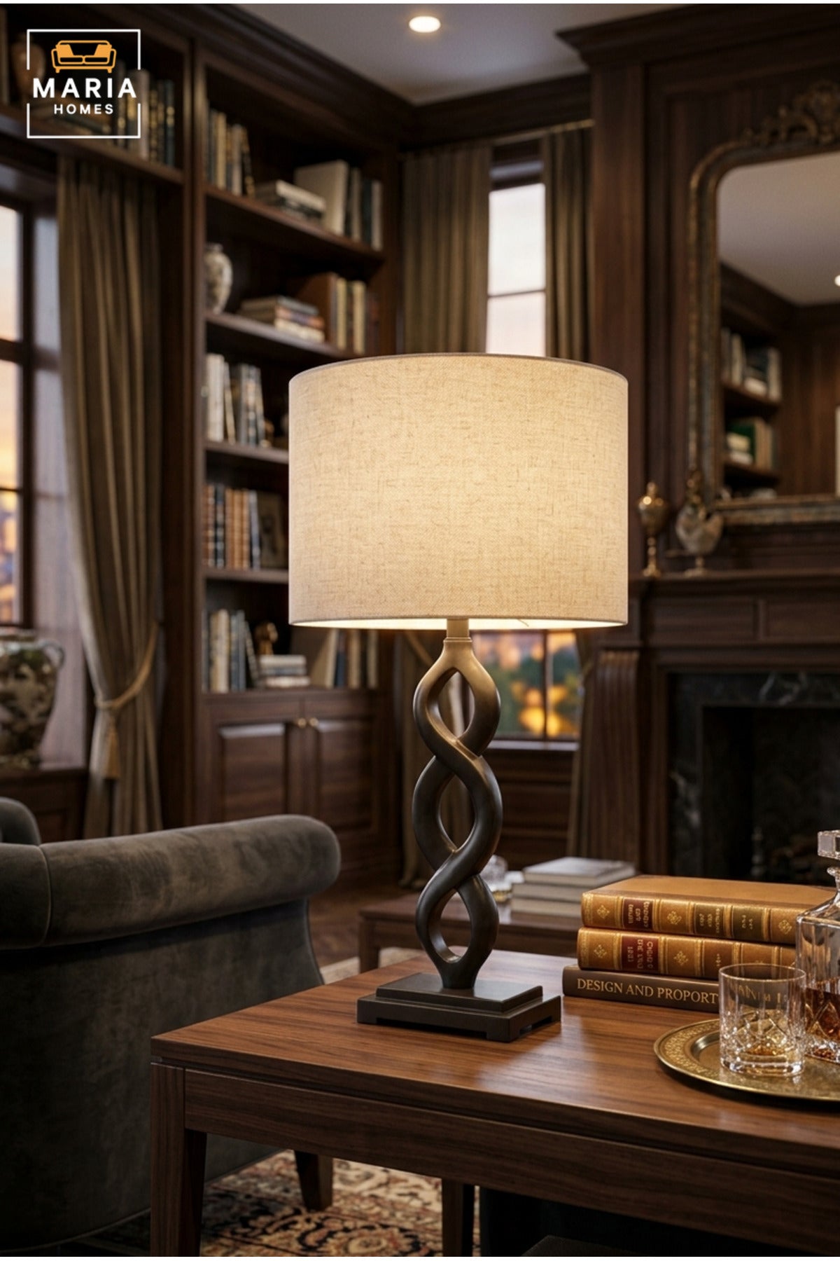 Modern Black Infinity Table Lamp with Beige Drum Fabric Shade and Sculptural Twisted Base for Bedroom, Living Room, Office, Hotel and Bedside Décor