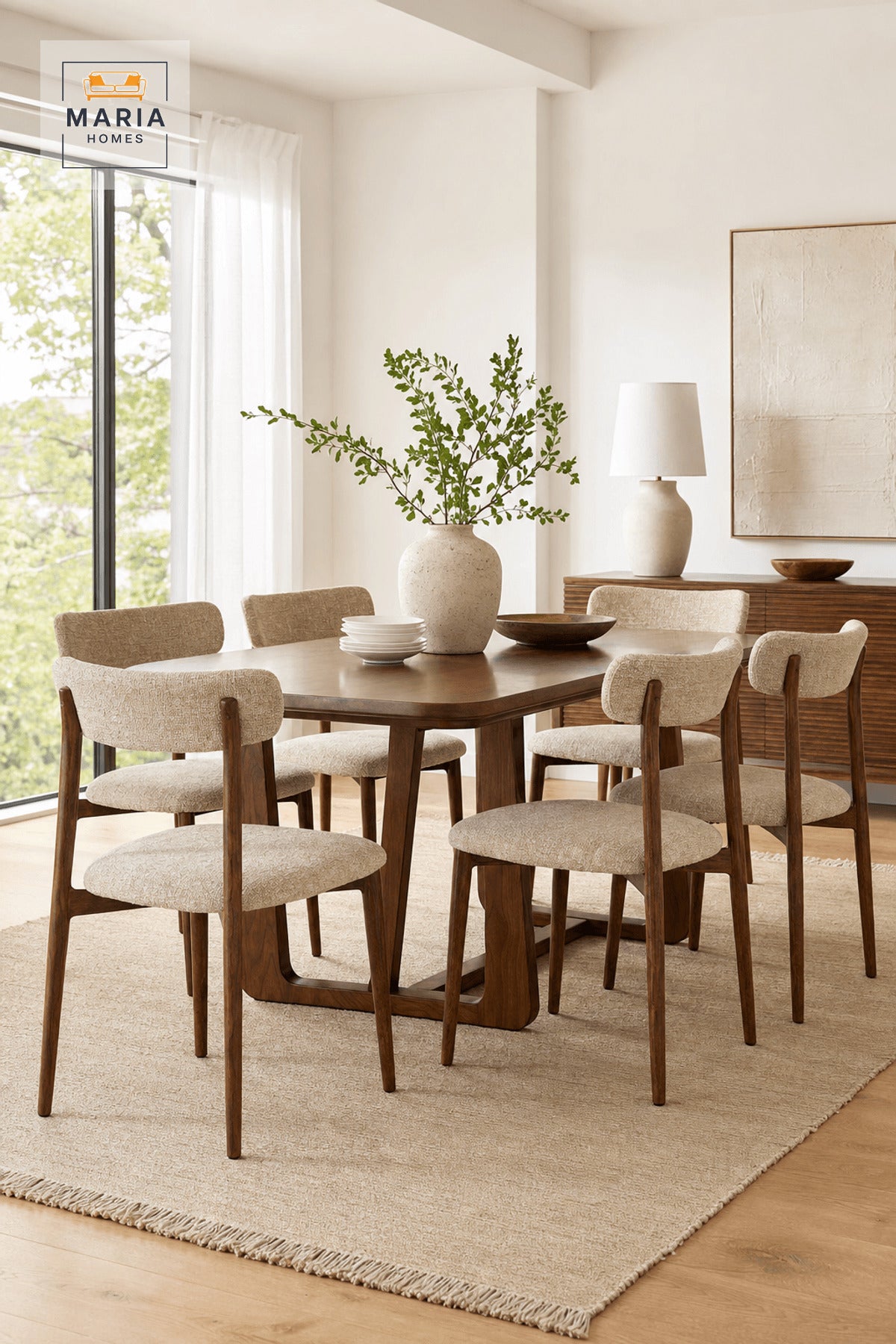 Beige Upholstered Dining Chair with Wooden Frame and Curved Backrest