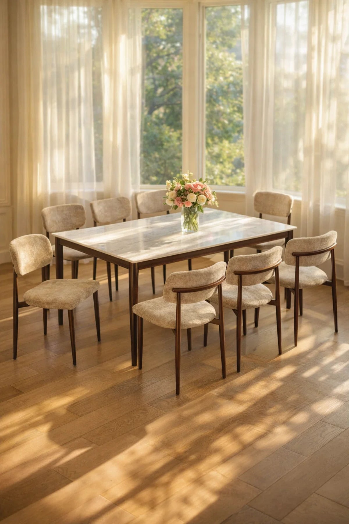 Elegant 8-Person Dining Table Set White Marble Pattern Top with Beige Fabric Wooden Chairs
