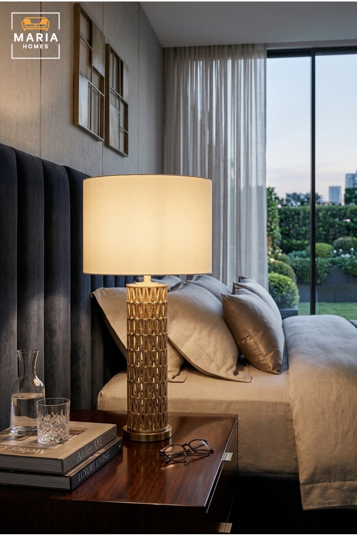 Luxury Gold Lattice Table Lamp with White Drum Fabric Shade and Decorative Cylindrical Base for Bedroom, Living Room, Office, Hotel and Bedside Décor
