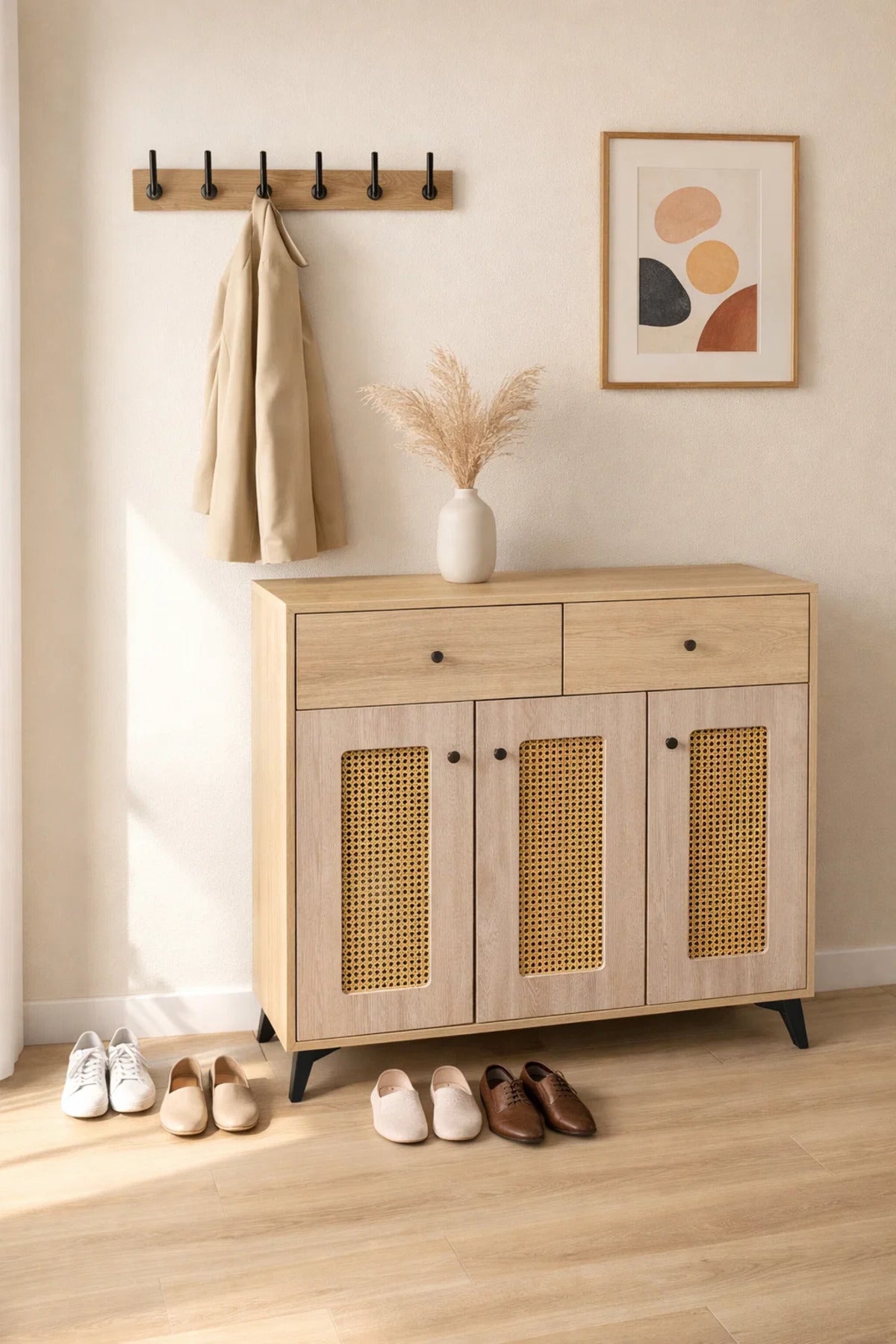 Wooden Shoe Cabinet with Rattan Doors and Drawers - Modern Storage Console for Hallway Entryway