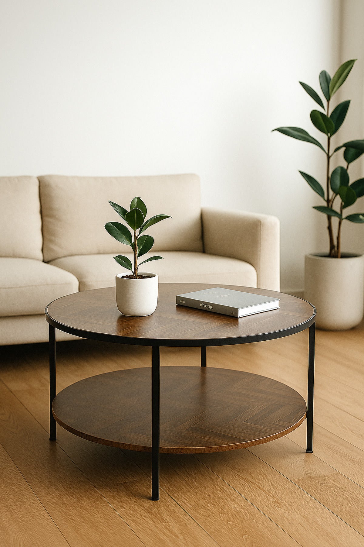 Round Brown Coffee Table with Wooden Shelves Modern Center Table with Black Metal Frame 100_45 cm