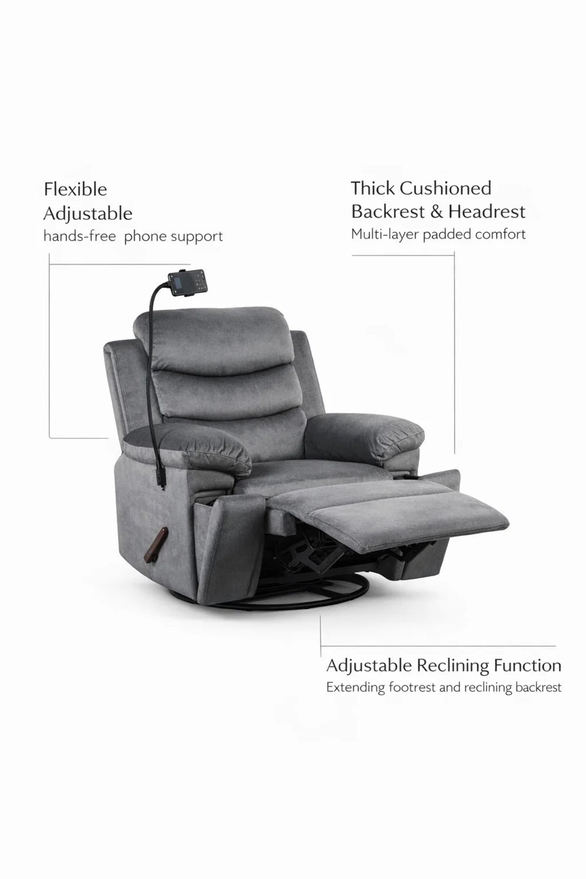 Premium Dark Grey Swivel Rocking Recliner Chair with Adjustable Mobile Holder for Home Relaxation