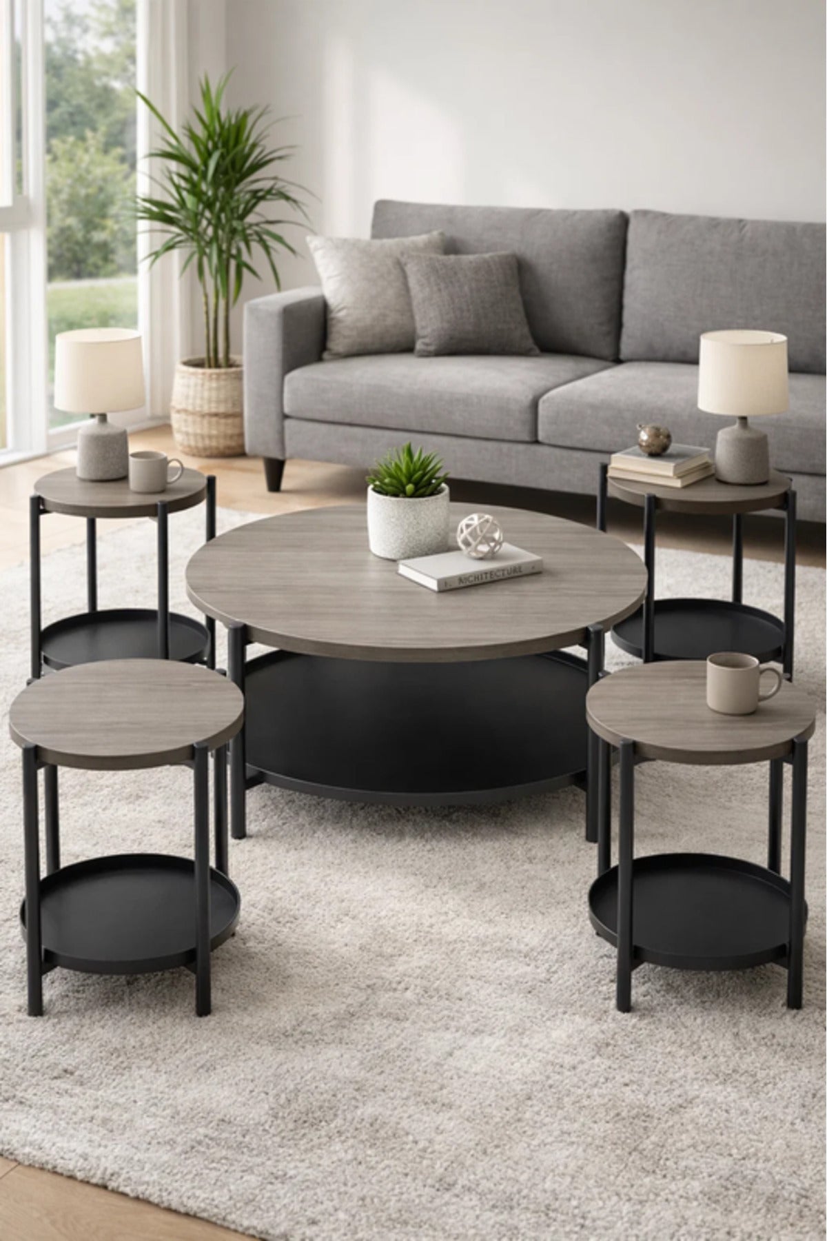 Round Dark Grey Coffee Table Set with 4 Side Tables and Shelf 90 _ 90 _ 45 cm