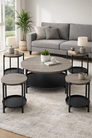 Round Dark Grey Coffee Table Set with 4 Side Tables and Shelf 90 _ 90 _ 45 cm