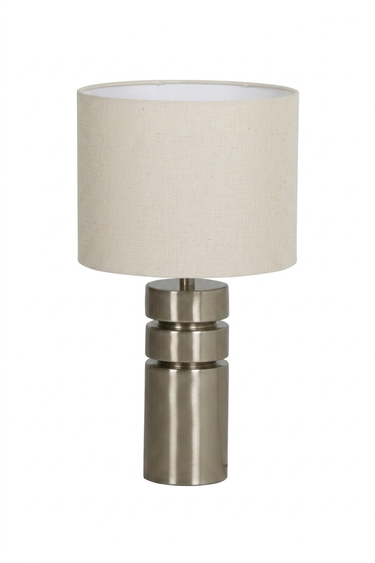 Modern Silver Cylindrical Table Lamp with Layered Base and Fabric Drum Shade Decorative Bedside Light for Bedroom Living Room Office and Hotel Décor