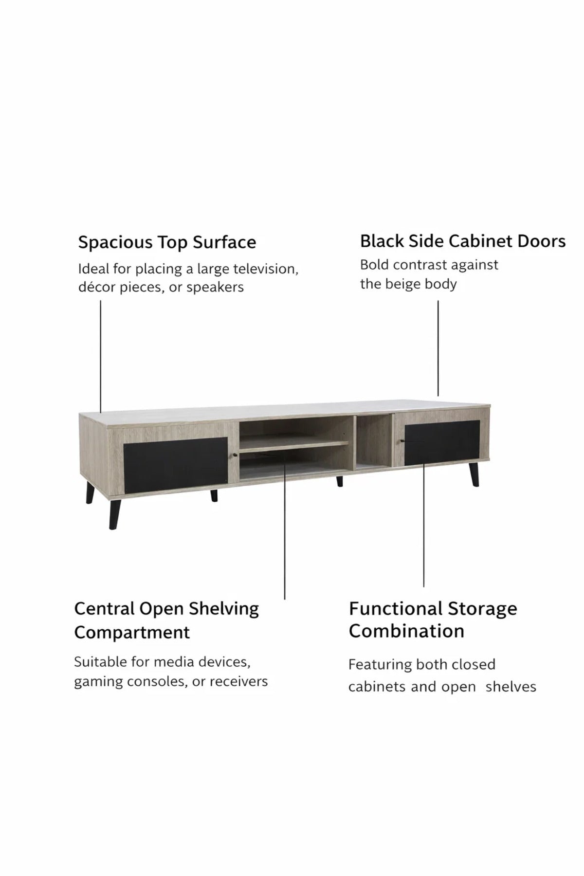 Beige & Black TV Stand √ê 200x40x45 cm Modern Plasma Table with Cabinets & Shelves