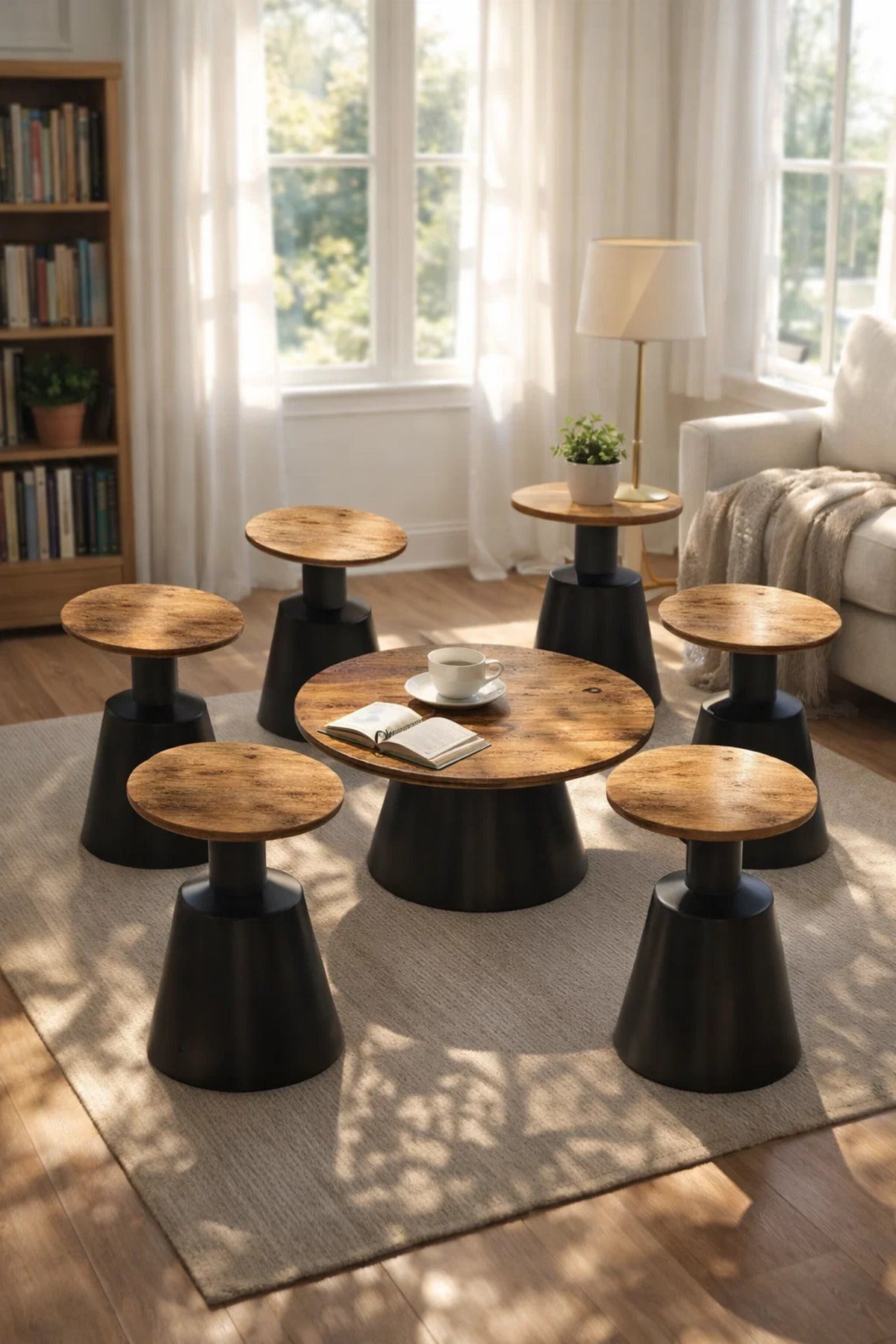 Premium 7-Piece Living Room Table Set One Center Table Six Side Tables Wood Top Black Base Kit