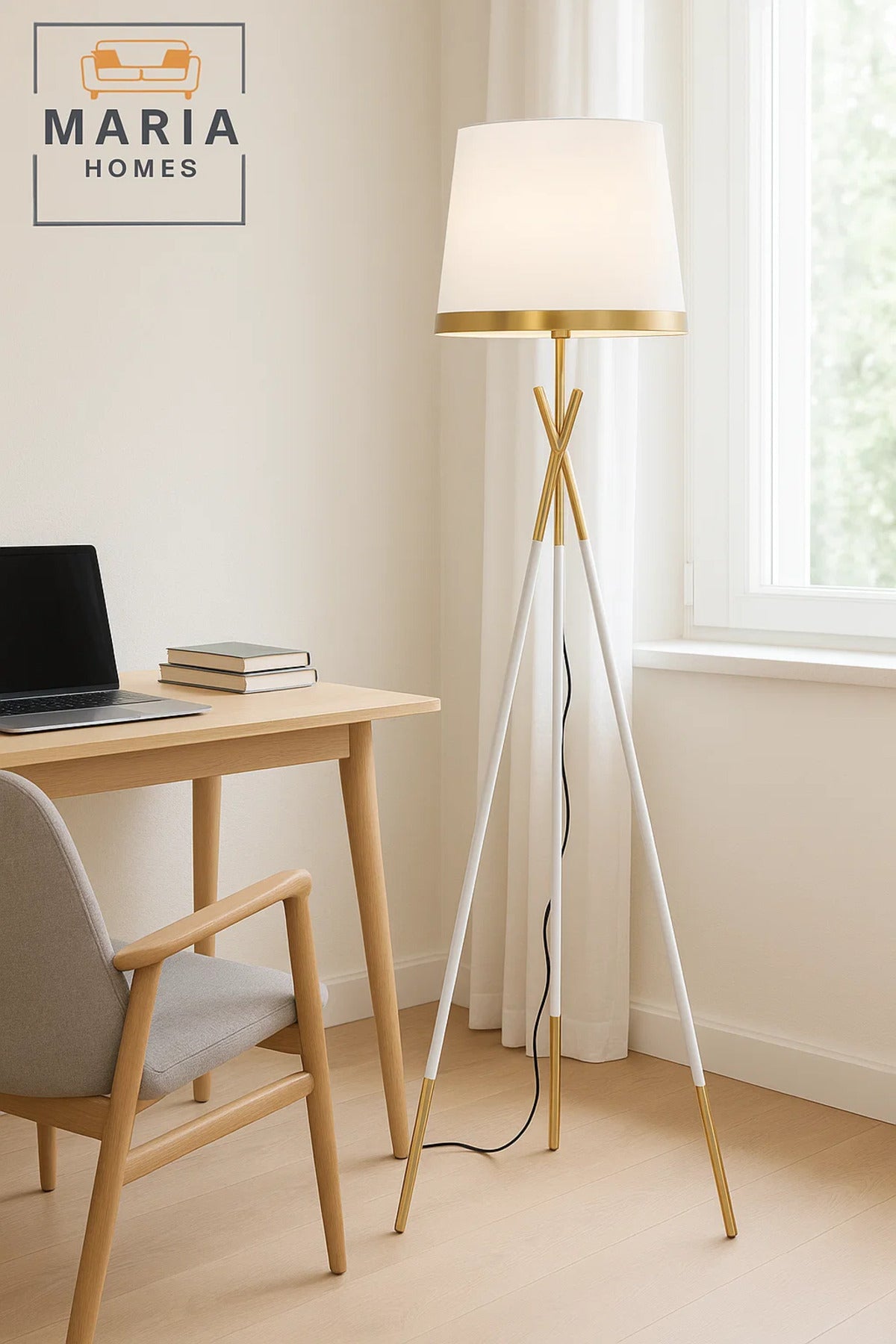 Elegant White and Gold Tripod Floor Lamp