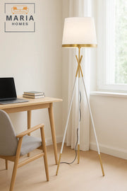 Elegant White and Gold Tripod Floor Lamp