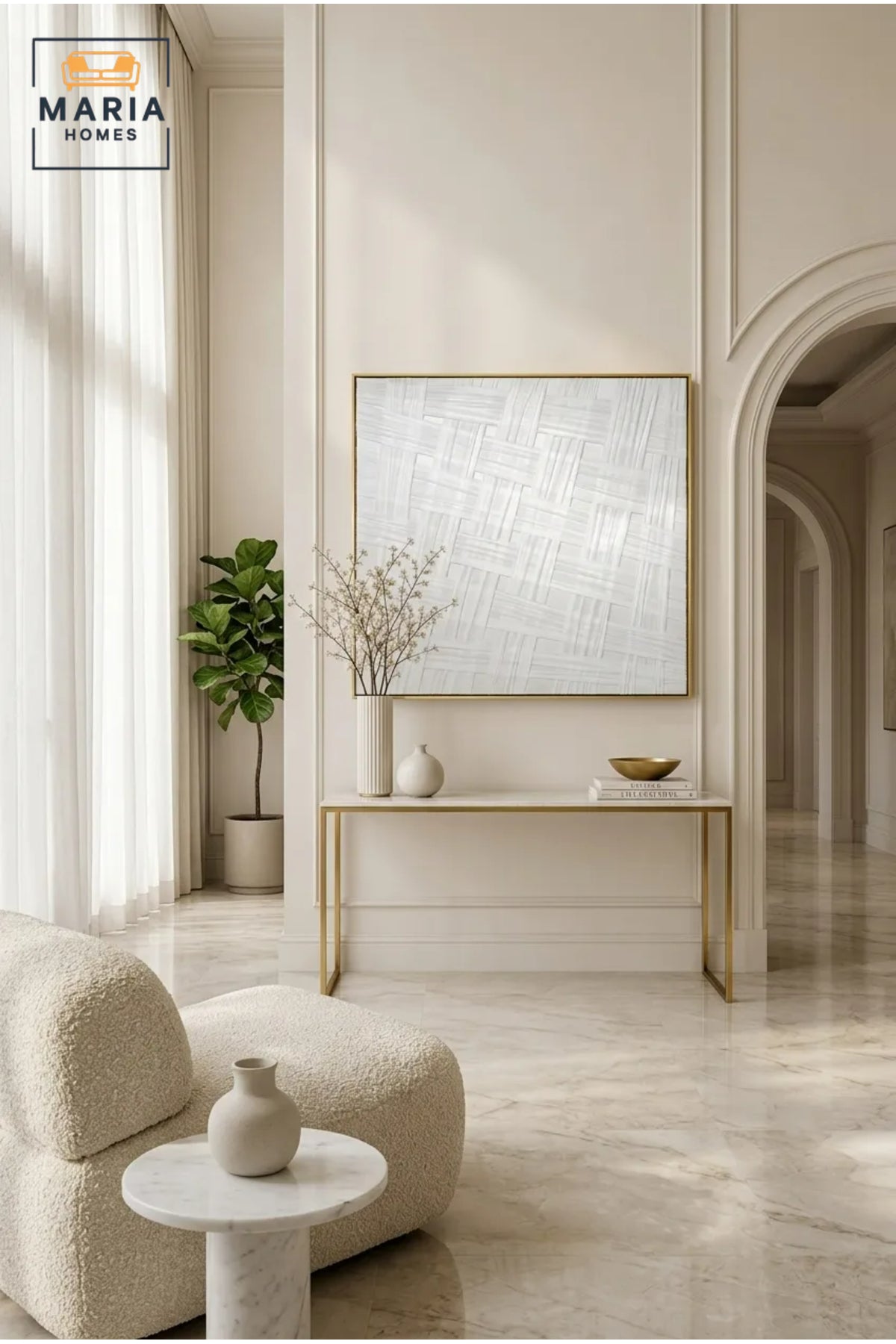 White Woven Texture Abstract Wall Art with Gold Frame – Modern Minimalist Decorative Panel