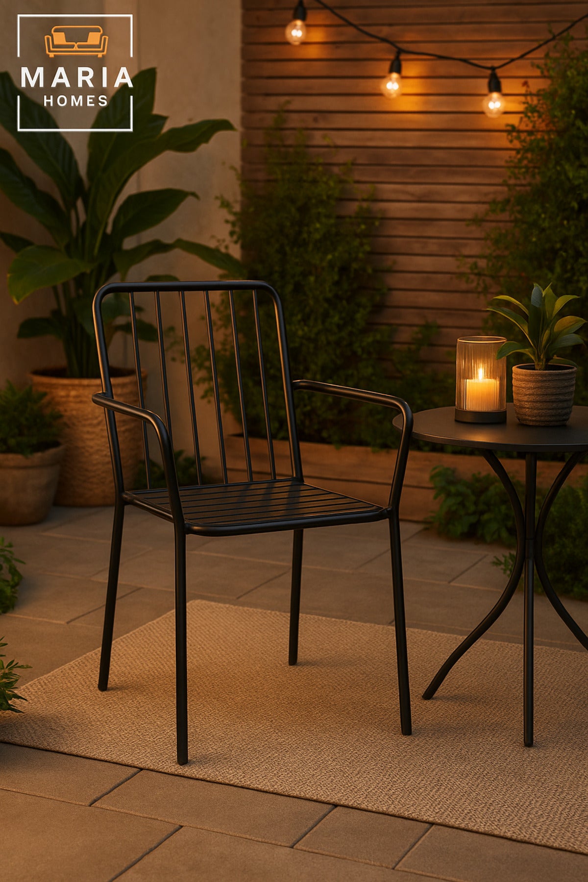 Black Metal Outdoor Dining Chair Ð Modern Slatted Seat & Back with Armrests