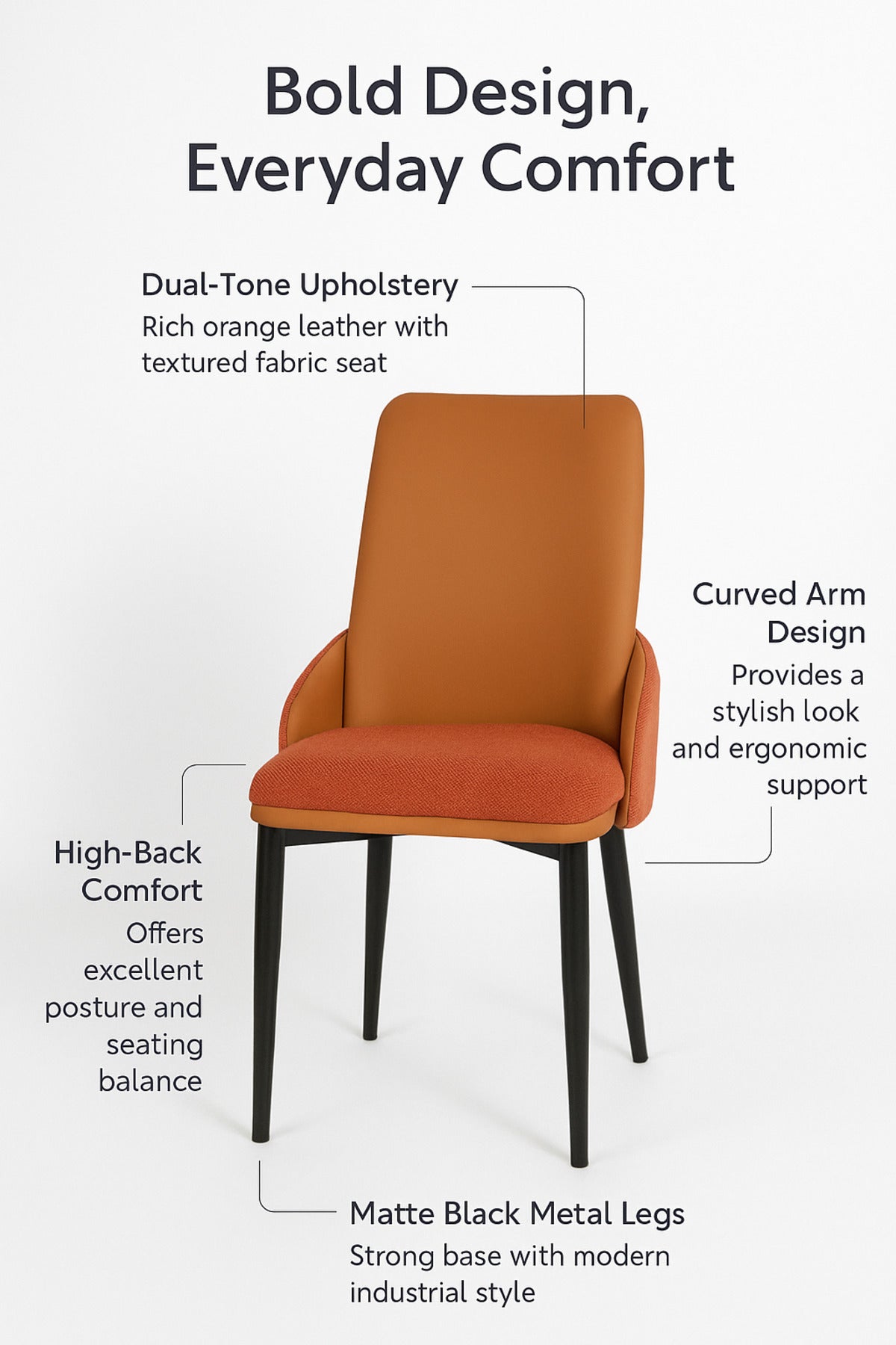 Orange Dining Chair Ð Modern Upholstered Chair with PU Leather Back and Fabric Seat for Dining Room
