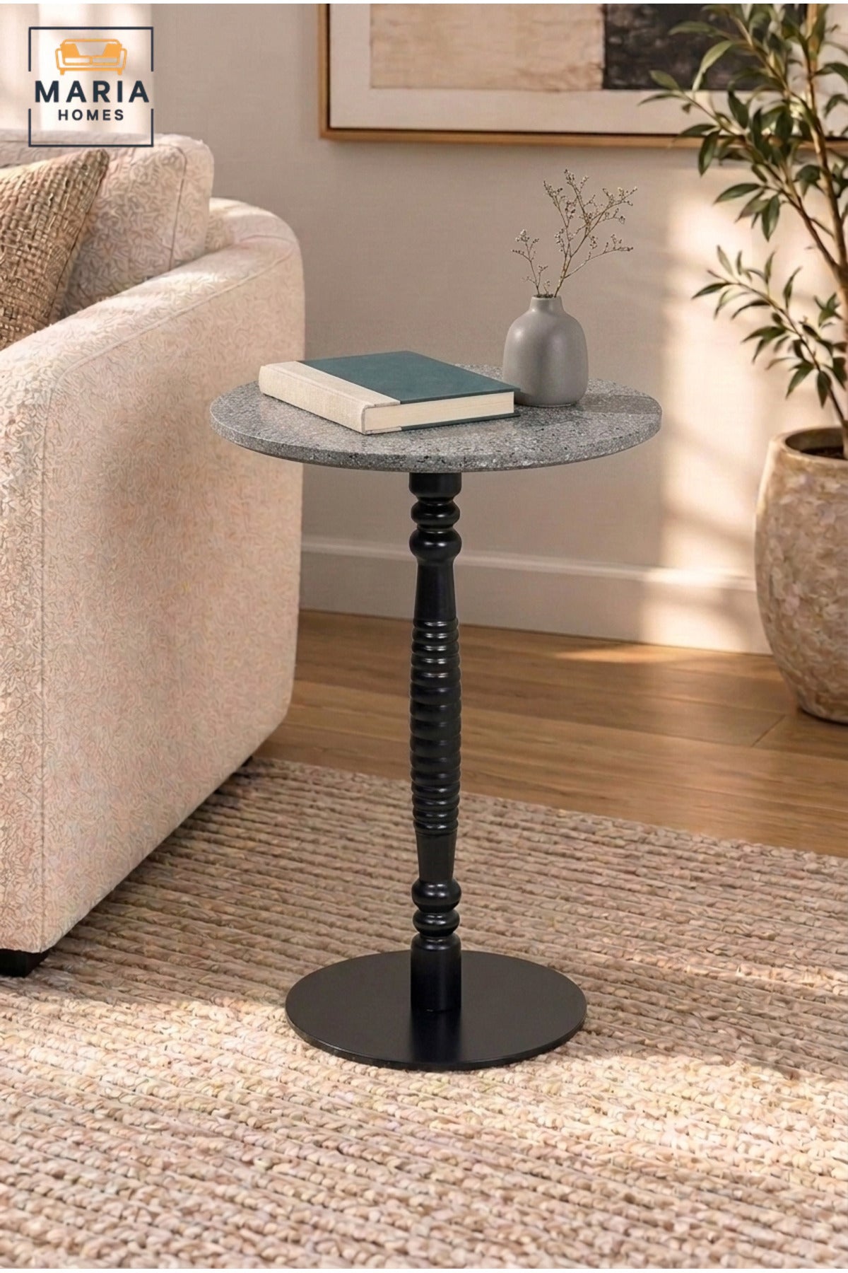 Modern Round Side Table with Grey Top, Decorative Black Pedestal Base, Compact Accent Table for Living Room, Bedroom, Sofa Side & Lounge – 40 × 60 cm