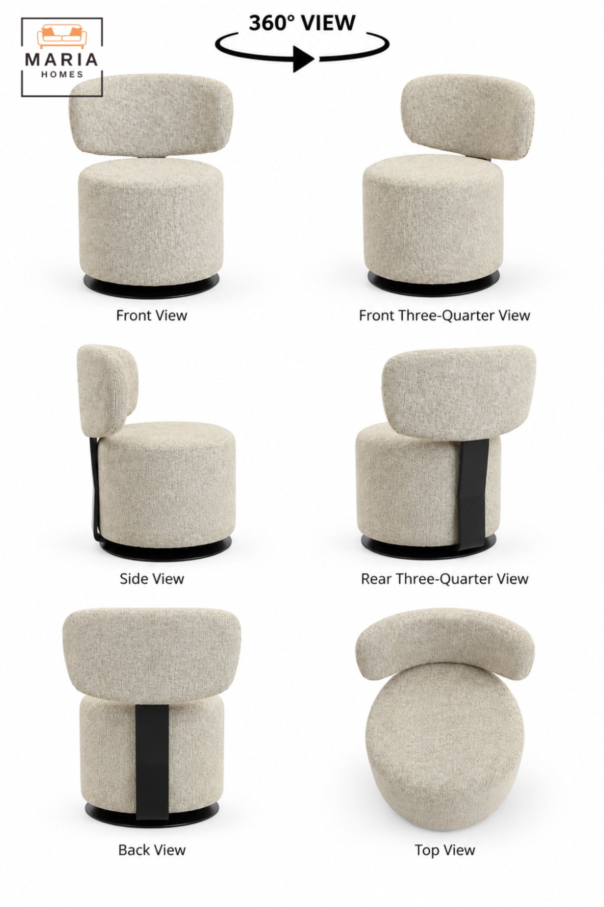 Modern 360° Swivel Arm Chair | Beige Upholstered Accent Chair with Curved Backrest, Padded Seat and Black Round Base for Living Room & Bedroom