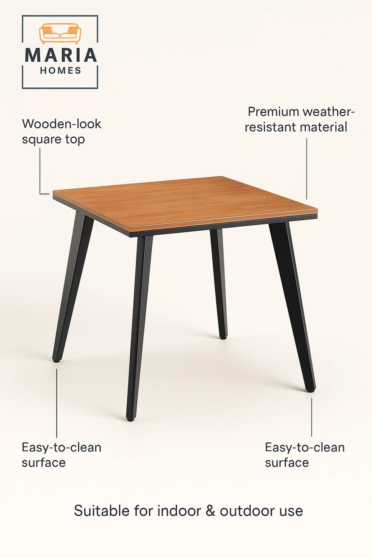 Modern Wooden Square Dining Table | Black Metal Legs | 75cm Indoor Outdoor Furniture