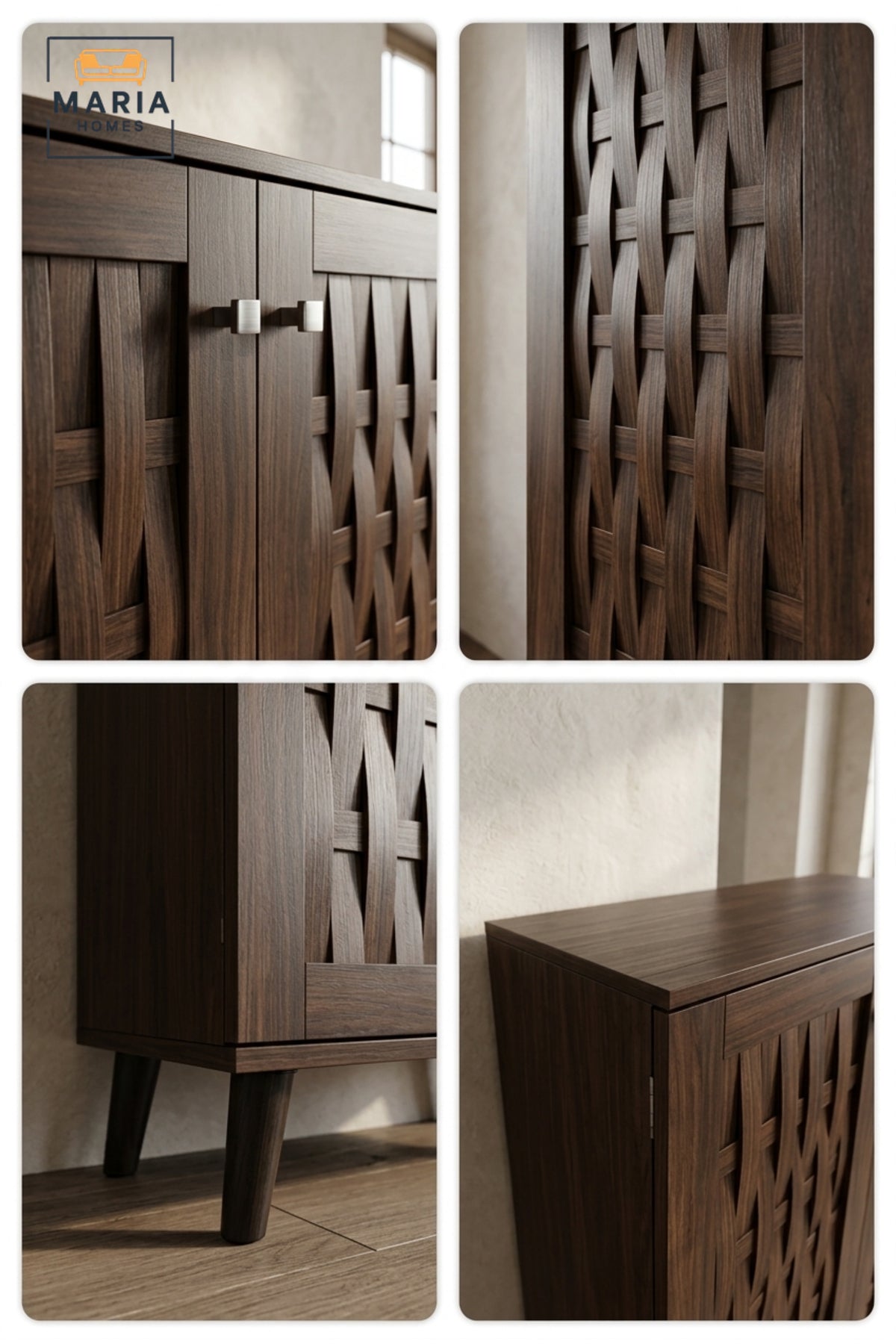 Dark Walnut Shoe Storage Cabinet with Woven Door Design √ê Modern Entryway Organizer