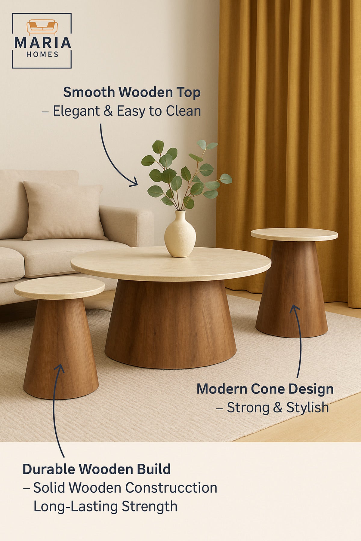 3-Piece Coffee Table Set Ð Beige Laminate Top with Brown Wooden Base (1 Large + 2 Small)