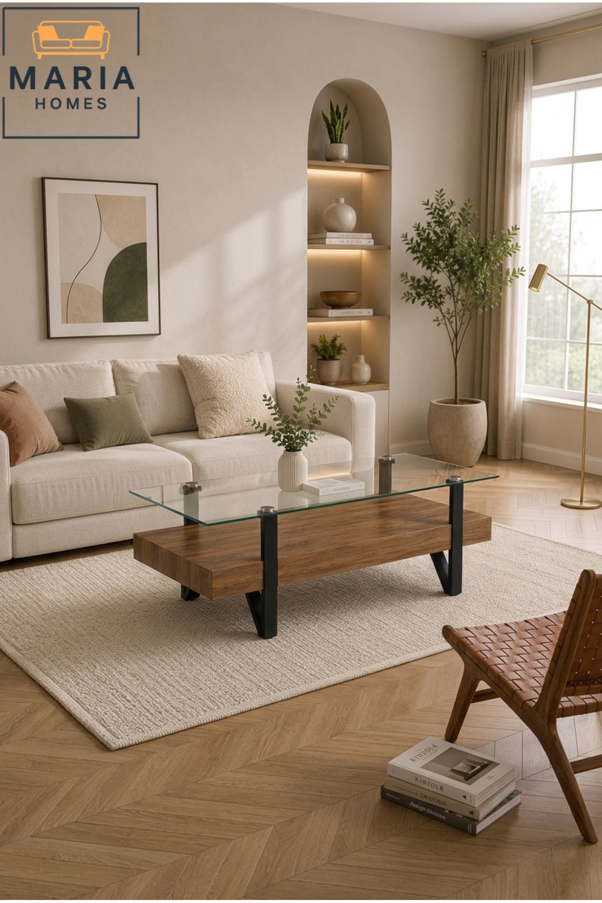 Modern Glass Top Coffee Table with Wooden Shelf √ê Contemporary Living Room Center Table with Black Legs