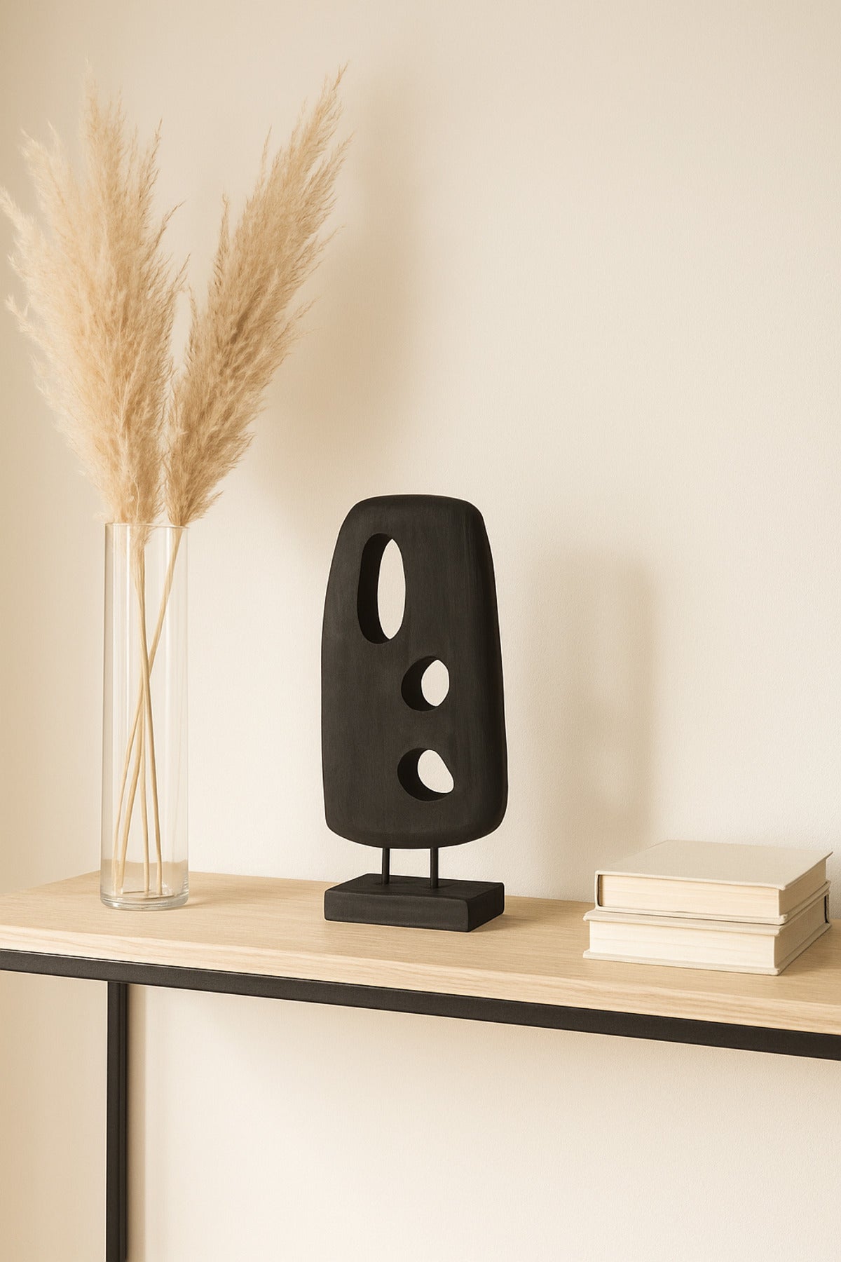 Black Wooden Abstract Cut-Out Sculpture on Stand Ð Modern Decorative Accent