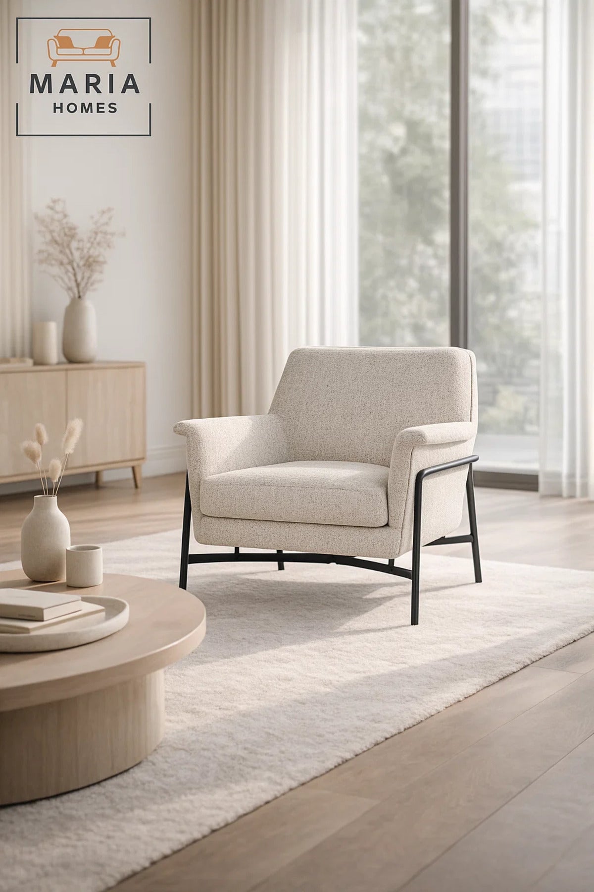 Modern Upholstered Armchair Beige Comfortable Accent Chair with Metal Frame