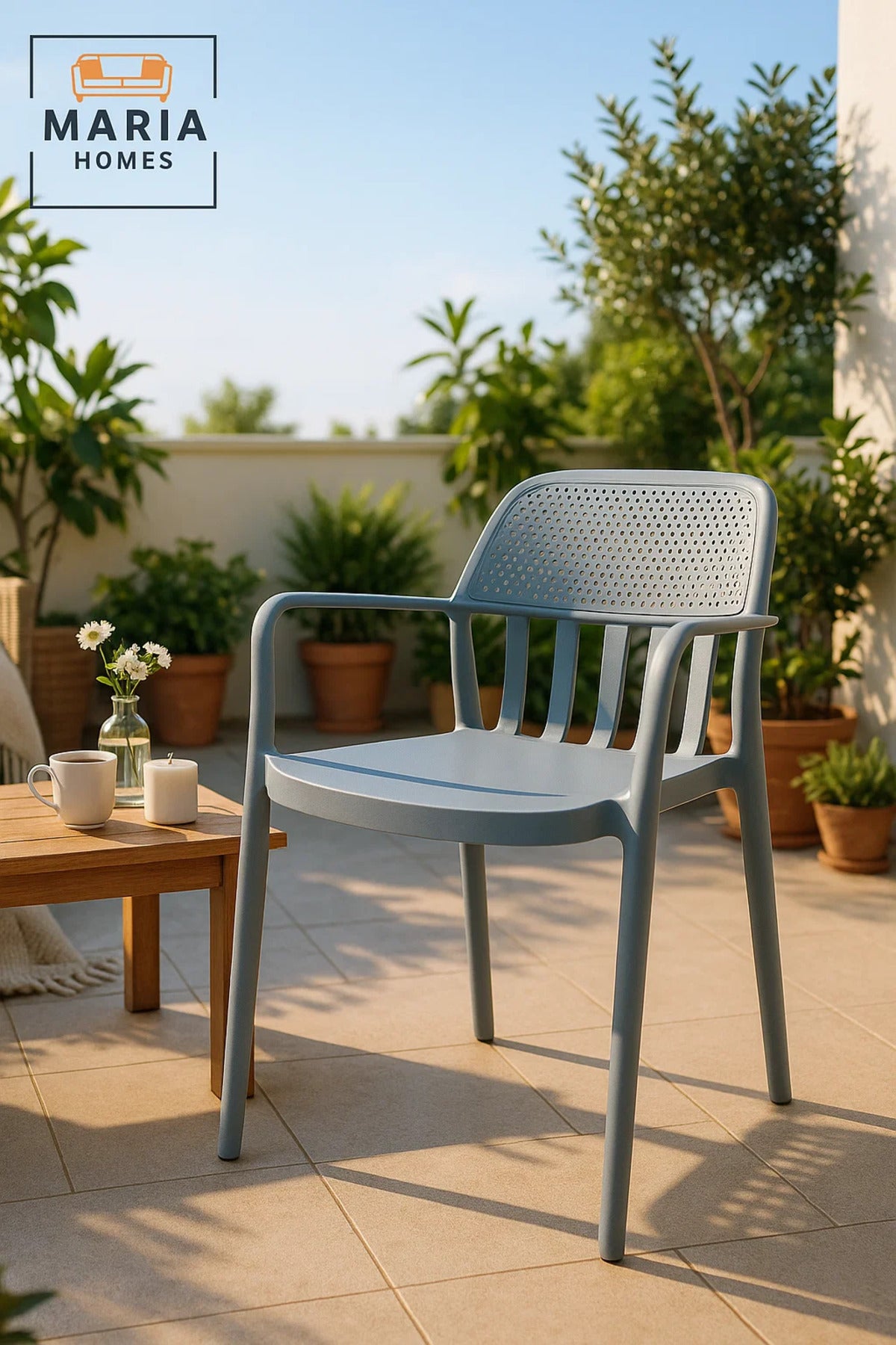 Grey Plastic Armchair with Slatted Back Ð Modern Stackable Outdoor & Indoor Chair with Armrests