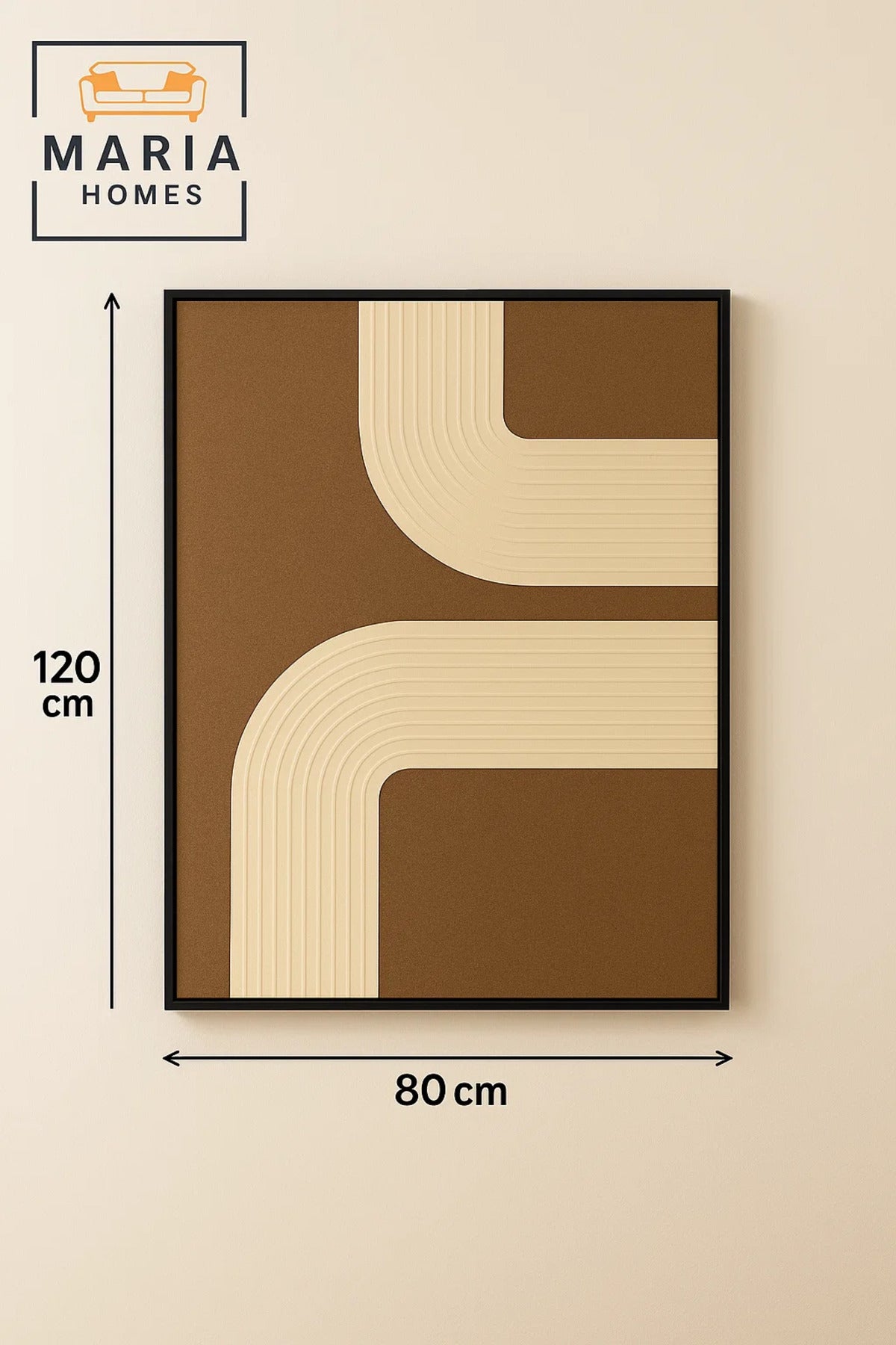 Framed Abstract Wall Art Ð Beige Curved Lines on Textured Brown Canvas and Size 123*4.3*123 cm