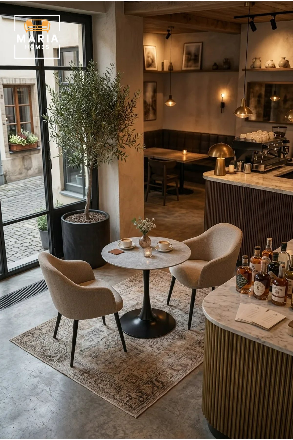 Modern Round Marble Bistro Table with Black Pedestal Base for Cafe Dining Furniture
