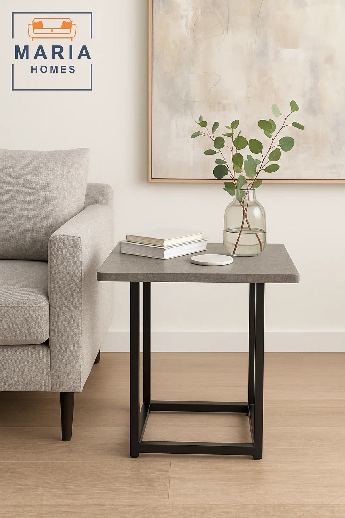 Square Stone-Texture Side Table with Black Metal Frame