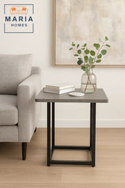 Square Stone-Texture Side Table with Black Metal Frame