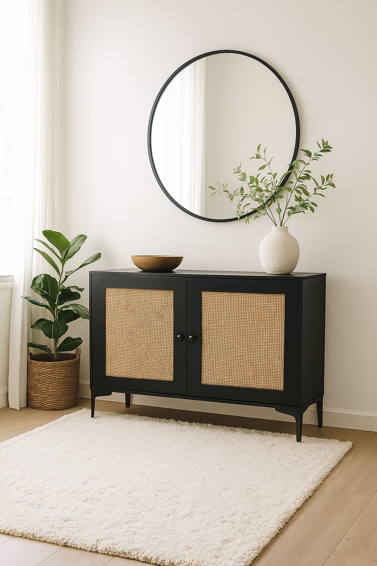 Black Rattan Console Table 120_40_85 cm Ð Modern Wooden Storage Cabinet with Cane Doors