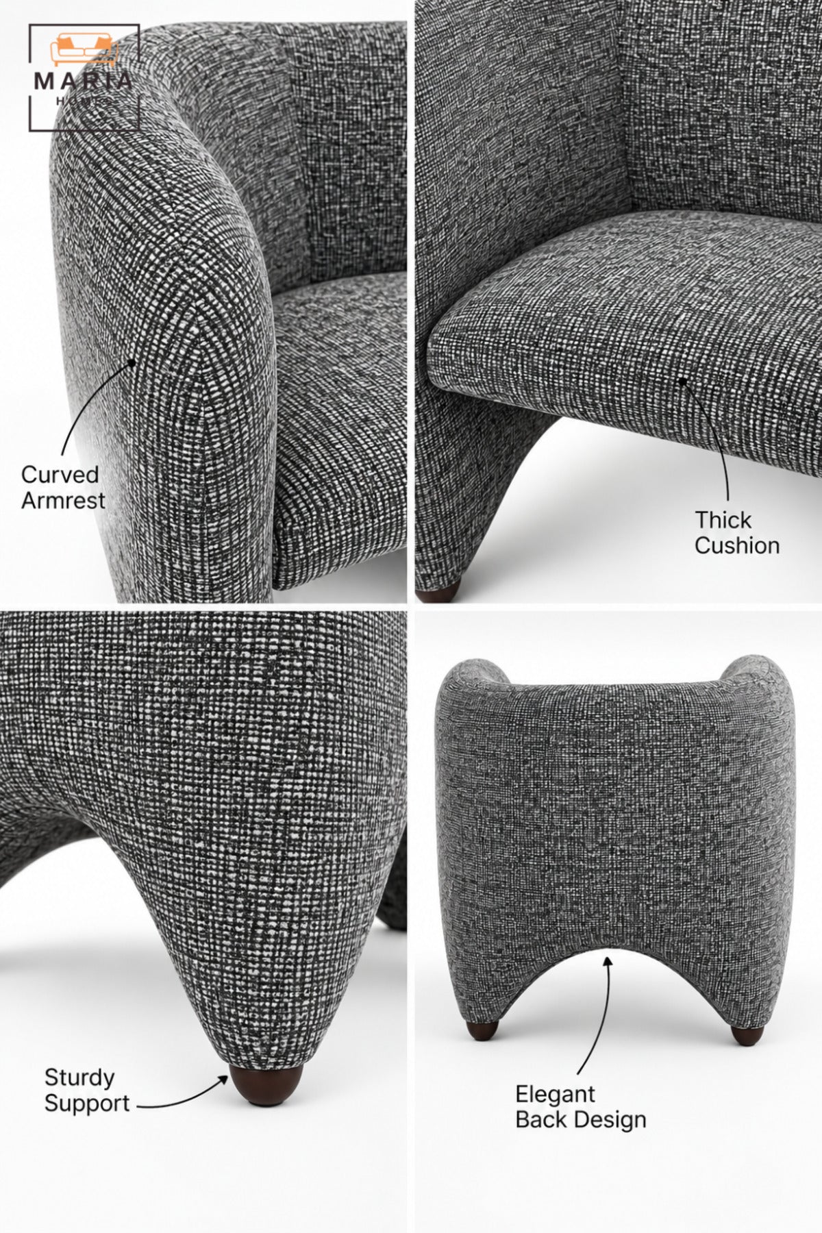 Modern Grey Upholstered Accent Chair with Curved Backrest, Padded Seat and Sculptural Design for Living Room, Bedroom, Lounge & Reception
