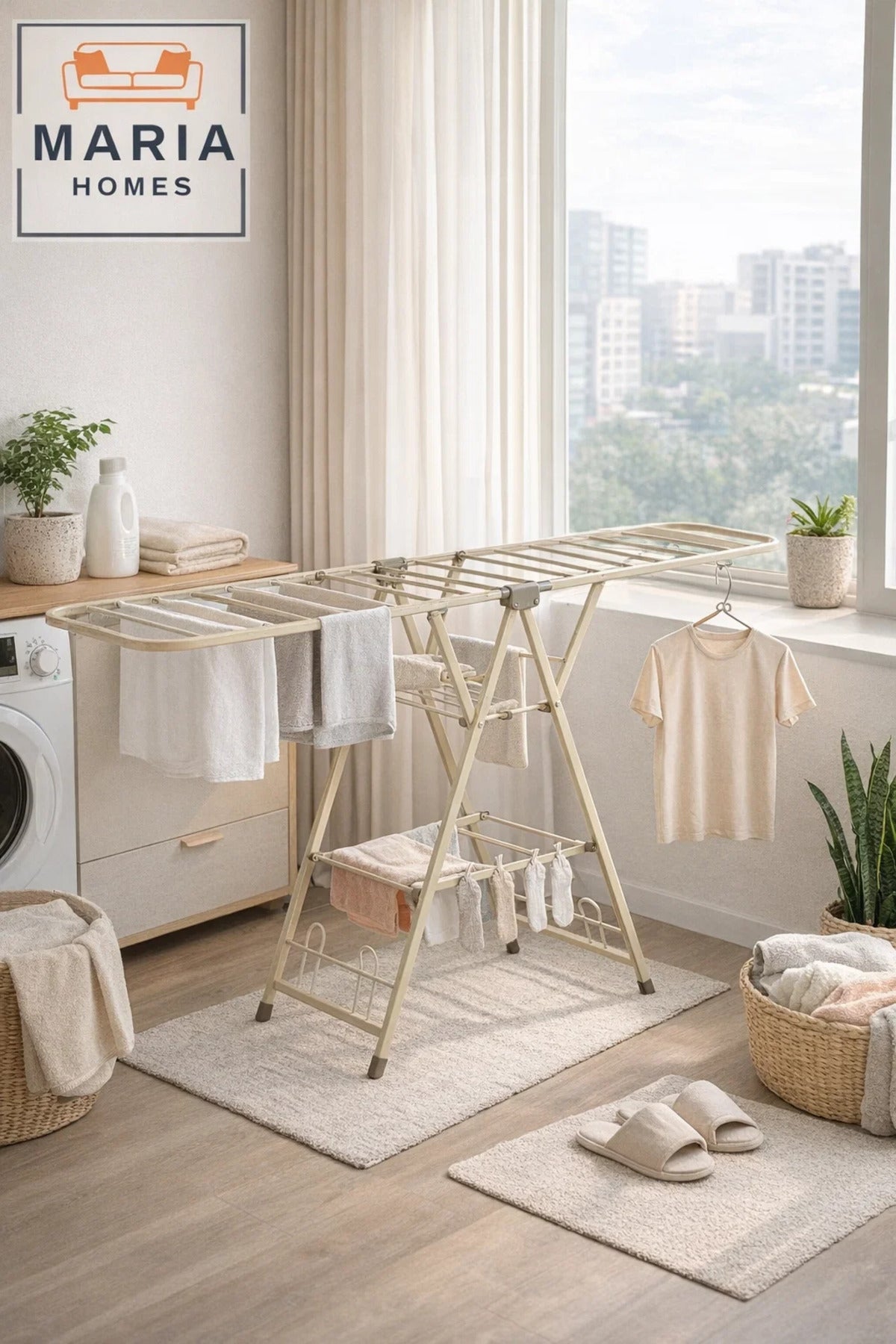 Beige Strong Folding Clothes Drying Rack 180_45_101 cm Ð Multi-Tiered Metal Drying Stand