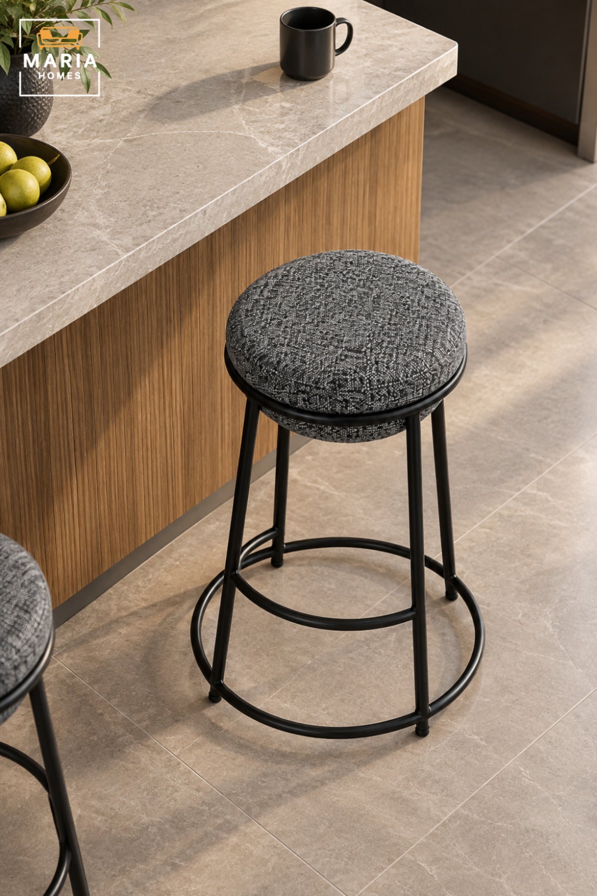 Modern Round Bar Stool with Padded Fabric Seat & Circular Footrest | Grey Upholstered High Counter Chair with Slim Black Frame for Kitchen and Café 70x33cm